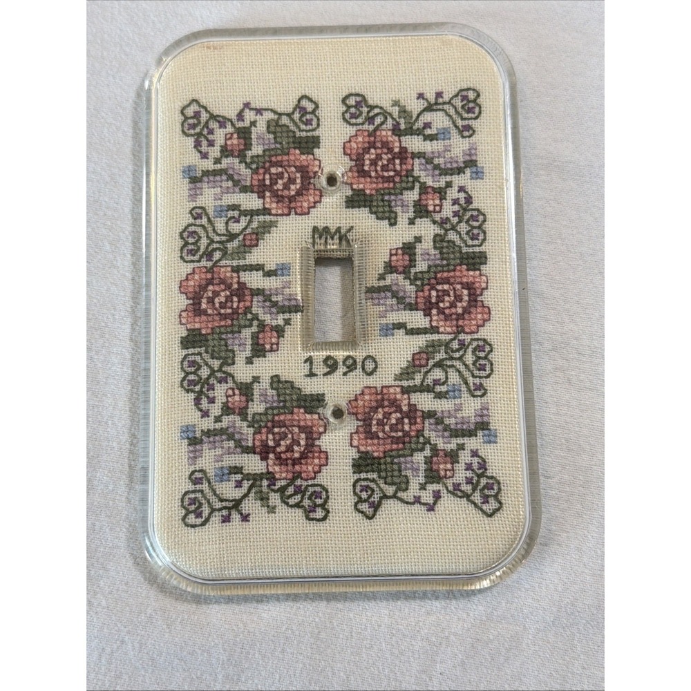 Vtg Finished Cross Stitch Single Toggle Light Switch Cover Floral Completed 1990